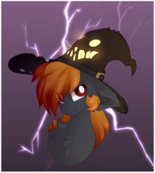 Size: 1104x1240 | Tagged: dead source, safe, artist:php146, oc, oc only, pony, bust, chest fluff, hat, lightning, male, portrait, solo, stallion, team fortress 2, witch hat