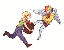 Size: 1209x955 | Tagged: safe, artist:dcon, applejack, rainbow dash, human, equestria girls, g4, apple, basket, food, humanized, winged humanization, wings, younger