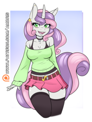 Size: 1280x1686 | Tagged: safe, artist:ambris, sweetie belle, unicorn, anthro, g4, adorasexy, adult, beautiful, beautisexy, bell, bell collar, belt, blushing, bra, breasts, busty sweetie belle, choker, cleavage, clothes, collar, curvy, cute, diasweetes, ear piercing, earring, eyelashes, eyeshadow, female, green eyes, happy, jewelry, looking at you, makeup, mare, midriff, miniskirt, moe, off shoulder, off shoulder sweater, older, older sweetie belle, patreon, patreon logo, piercing, reasonably sized breasts, sexy, shoulderless, simple background, skindentation, skirt, smiling, socks, solo, stockings, sweater, sweater belle, tank top, teenager, thigh highs, thighs, underwear, wall of tags, wide hips, zettai ryouiki