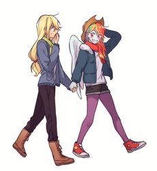 Size: 1209x1315 | Tagged: safe, artist:dcon, applejack, rainbow dash, human, equestria girls, g4, applejack's hat, clothes, converse, cowboy hat, female, hat, holding hands, humanized, lesbian, ship:appledash, shipping, shoes, winged humanization, wings, winter outfit