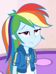 Size: 424x560 | Tagged: safe, screencap, rainbow dash, zephyr breeze, dashing through the mall, equestria girls, equestria girls specials, g4, my little pony equestria girls: better together, my little pony equestria girls: holidays unwrapped, animated, canterlot mall, cropped, geode of super speed, magical geodes, offscreen character, rainbow dash is not amused, solo focus, unamused