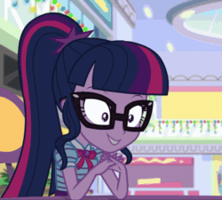 Size: 600x540 | Tagged: safe, screencap, sci-twi, twilight sparkle, equestria girls, equestria girls specials, g4, my little pony equestria girls: better together, my little pony equestria girls: holidays unwrapped, animated, creepy, creepy smile, cropped, faic, female, geode of telekinesis, gif, magical geodes, out of context, shrunken pupils, smiling, twilight snapple, twilighting, twilynanas