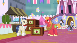 Size: 1366x768 | Tagged: safe, screencap, big macintosh, earl grey, horte cuisine, lemon hearts, mochaccino, rare find, savoir fare, earth pony, pony, unicorn, g4, the last problem, background pony, balloon, banner, bow, carpet, crate, duo focus, female, flag, male, mare, stallion, table, tent