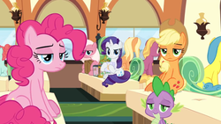 Size: 1366x768 | Tagged: safe, screencap, applejack, lemon hearts, pinkie pie, rarity, spike, pony, g4, the last problem, box, cage, curtains, glass, lamp, looking at you, really?, seat, unamused, window