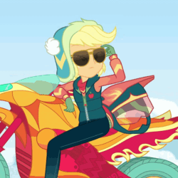 Size: 1080x1080 | Tagged: safe, screencap, applejack, equestria girls, equestria girls specials, g4, my little pony equestria girls: better together, my little pony equestria girls: holidays unwrapped, animated, clothes, cropped, female, motorcycle, solo, sunglasses, winter outfit
