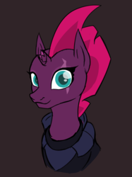 Size: 1803x2411 | Tagged: safe, artist:thehuskylord, fizzlepop berrytwist, tempest shadow, pony, unicorn, g4, :3, armor, broken horn, bust, cute, eye scar, female, gray background, horn, looking at you, mare, scar, simple background, smiling, solo