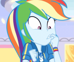 Size: 791x664 | Tagged: safe, screencap, rainbow dash, dashing through the mall, equestria girls, equestria girls specials, g4, my little pony equestria girls: better together, my little pony equestria girls: holidays unwrapped, animated, canterlot mall, cropped, female, geode of super speed, gif, magical geodes, nail biting, nervous, shrunken pupils, solo