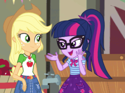 Size: 1448x1080 | Tagged: safe, screencap, applejack, sci-twi, twilight sparkle, equestria girls, equestria girls series, g4, holidays unwrapped, the cider louse fools, spoiler:eqg series (season 2), animated, applejack's hat, clothes, cowboy hat, cropped, denim skirt, duo, female, geode of super strength, geode of telekinesis, gif, glasses, hat, magical geodes, ponytail, skirt
