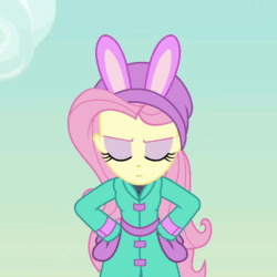 Size: 1080x1080 | Tagged: safe, screencap, fluttershy, blizzard or bust, equestria girls, equestria girls series, holidays unwrapped, spoiler:eqg series (season 2), animated, blinking, bunny ears, clothes, cropped, female, fluttershy is not amused, gif, reaction image, solo, unamused, winter outfit