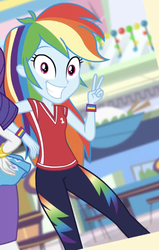 Size: 488x766 | Tagged: safe, screencap, rainbow dash, rarity, dashing through the mall, equestria girls, equestria girls specials, g4, my little pony equestria girls: better together, my little pony equestria girls: holidays unwrapped, big smile, canterlot mall, christmas, christmas lights, clothes, cropped, cute, dashabetes, female, holiday, jersey, peace sign, solo focus