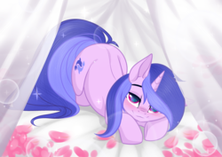 Size: 3465x2454 | Tagged: safe, alternate character, alternate version, artist:kim0508, artist:sparkling_light base, sea swirl, seafoam, pony, unicorn, g4, ass up, background pony, bed, bedroom eyes, blushing, butt, curtains, female, flower, flower petals, high res, lying on bed, mare, plot, solo, ych result