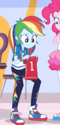 Size: 214x444 | Tagged: safe, screencap, pinkie pie, rainbow dash, sunset shimmer, dashing through the mall, equestria girls, equestria girls specials, g4, my little pony equestria girls: better together, my little pony equestria girls: holidays unwrapped, animated, clothes, cropped, cute, dashabetes, female, geode of empathy, geode of super speed, gif, happy, jersey, magical geodes, shoes, smiling, sneakers