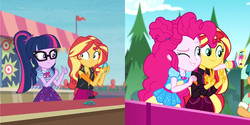 Size: 2160x1080 | Tagged: safe, screencap, doodle bug, pinkie pie, sci-twi, sunset shimmer, twilight sparkle, equestria girls, equestria girls specials, g4, my little pony equestria girls: better together, my little pony equestria girls: rollercoaster of friendship, my little pony equestria girls: sunset's backstage pass, cellphone, female, geode of empathy, geode of sugar bombs, glasses, magical geodes, male, offscreen character, phone, ponytail, smartphone