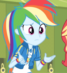 Size: 407x443 | Tagged: safe, screencap, rainbow dash, sunset shimmer, equestria girls, equestria girls specials, g4, my little pony equestria girls: better together, my little pony equestria girls: holidays unwrapped, animated, cropped, female, geode of super speed, gif, magical geodes, solo focus