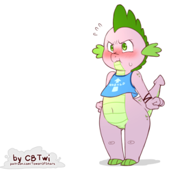 Size: 1200x1200 | Tagged: safe, artist:cold-blooded-twilight, spike, dragon, g4, belly button, blushing, clothes, featureless crotch, male, pouting, raised tail, solo, sweat, tail
