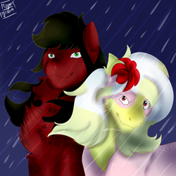 Size: 3000x3000 | Tagged: safe, artist:euspuche, oc, oc only, oc:carmen garcía, oc:cloud rider, earth pony, pegasus, pony, caroud, confused, flower, flower in hair, high res, looking up, rain, smiling