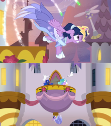 Size: 1360x1536 | Tagged: safe, edit, edited screencap, screencap, princess celestia, princess luna, twilight sparkle, alicorn, bird, pony, swan, g4, the last problem, balcony, banner, canterlot, clothes, crown, dress, electric fan, falling, fireworks, flower, jewelry, jumping, regalia, rose, sash, twilight sparkle (alicorn), window