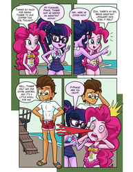 Size: 1976x2554 | Tagged: safe, artist:art-2u, pinkie pie, sci-twi, twilight sparkle, oc, oc:copper plume, human, comic:the copperpie chronicles, equestria girls, g4, my little pony equestria girls: better together, beach, blood, canon x oc, clothes, comic, commission, commissioner:imperfectxiii, copperpie, dizzy, explosive nosebleed, feet, female, freckles, glasses, hand on hip, implied timber spruce, legs together, male, male feet, nosebleed, pinkie pie swimsuit, pointing, sandals, sci-twi swimsuit, shipping, shirt, shorts, straight, swimsuit, water