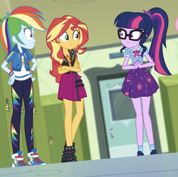 Size: 594x590 | Tagged: safe, screencap, rainbow dash, sci-twi, sunset shimmer, twilight sparkle, equestria girls, equestria girls specials, g4, my little pony equestria girls: better together, my little pony equestria girls: holidays unwrapped, cropped, female, geode of empathy, geode of super speed, geode of telekinesis, magical geodes, staring contest