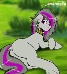 Size: 925x1024 | Tagged: safe, artist:jcosneverexisted, oc, oc only, oc:ashley skys, earth pony, pony, butt, collar, dock, doodle, female, lying, lying down, mare, on side, patreon, plot, solo