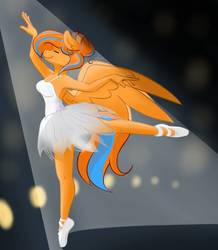 Size: 834x958 | Tagged: safe, artist:cadetredshirt, oc, oc only, oc:cold front, pegasus, anthro, plantigrade anthro, anthro oc, ballerina, ballet, ballet slippers, clothes, dancing, dress, ear fluff, eyes closed, female, graceful, hair bun, happy, leotard, long tail, mare, rule 63, shoes, smiling, solo, spotlight, stage, tutu, wings