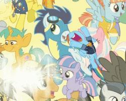 Size: 465x374 | Tagged: safe, edit, edited screencap, screencap, bow hothoof, clear sky, daring do, derpy hooves, quibble pants, rainbow dash, rumble, snails, snips, soarin', spitfire, tank, thunderlane, wind sprint, windy whistles, earth pony, pegasus, pony, unicorn, g4, the last problem, animated, colt, cropped, female, filly, male, mare, stallion, wat