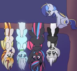 Size: 1382x1275 | Tagged: safe, artist:puetsua, oc, oc only, oc:aurum fruitage, oc:azur lachrimae, oc:chalk white, oc:eclipse lim, oc:neon darksky, bat pony, pony, bat pony oc, chest fluff, choker, ear fluff, fangs, female, freckles, glasses, hanging, looking at each other, mare, nervous, open mouth, prehensile tail, sitting, slit pupils, smiling, sweat, tree, tree branch, unamused, upside down