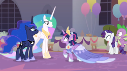 Size: 1366x768 | Tagged: safe, screencap, princess celestia, princess luna, rarity, spike, twilight sparkle, alicorn, dragon, pony, g4, the last problem, balloon, clothes, crown, dress, flying, hoof shoes, jewelry, peytral, regalia, retirement, sash, twilight sparkle (alicorn), winged spike, wings
