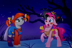 Size: 3000x2000 | Tagged: safe, artist:rutkotka, maud pie, pinkie pie, earth pony, pony, g4, clothes, costume, creepy, female, funny, halloween, halloween costume, high res, holiday, mare, pie sisters, pippi longstocking, raised hoof, scarecrow, scared, siblings, sisters, stare