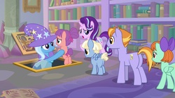 Size: 1920x1080 | Tagged: safe, screencap, auburn vision, peppermint goldylinks, starlight glimmer, strawberry swing, trixie, water spout, pony, g4, the ending of the end, butt, clothes, friendship student, hat, plot, trixie's hat