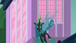 Size: 1920x1080 | Tagged: safe, screencap, queen chrysalis, changeling, g4, the ending of the end, colored hooves, colored horn, crown, evil smile, female, flying, grin, horn, jewelry, regalia, smiling, solo, spread wings, ultimate chrysalis, wings