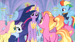 Size: 1364x768 | Tagged: safe, screencap, fluttershy, li'l cheese, luster dawn, rainbow dash, rarity, twilight sparkle, alicorn, pony, g4, the last problem, archway, butt, column, crown, jewelry, luster donk, older, older fluttershy, older rainbow dash, older rarity, older twilight, older twilight sparkle (alicorn), peytral, plot, princess twilight 2.0, regalia, stained glass, throne room, twilight sparkle (alicorn)