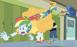 Size: 1253x773 | Tagged: safe, screencap, rainbow dash, snails, snips, equestria girls, equestria girls series, g4, holidays unwrapped, o come all ye squashful, spoiler:eqg series (season 2), ahhh, backpack, clothes, cornucopia costumes, costume, falling, ponytail, screaming, tripping