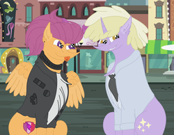 Size: 2560x1986 | Tagged: safe, artist:elhybridtrash, dinky hooves, scootaloo, pegasus, pony, unicorn, g4, alternate hairstyle, chest fluff, choker, clothes, cutie mark, ear fluff, ear piercing, earring, female, freckles, jacket, jewelry, leather jacket, lesbian, mare, necktie, older, older dinky hooves, older scootaloo, piercing, ship:dinkyloo, shipping, shirt, spiked choker, suit, the cmc's cutie marks, tongue out, tongue piercing