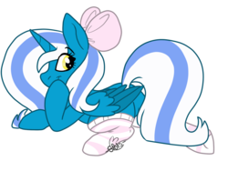Size: 1032x774 | Tagged: safe, artist:spots-on-the-dot, oc, oc only, oc:fleurbelle, alicorn, pony, adorabelle, adorasexy, alicorn oc, bow, clothes, cute, female, hair bow, looking at you, looking back, looking back at you, mare, sexy, simple background, socks, solo, striped socks, transparent background, yellow eyes