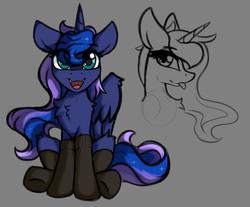 Size: 2720x2255 | Tagged: safe, artist:arjinmoon, princess luna, alicorn, pony, g4, :p, clothes, cute, eye clipping through hair, female, gray background, high res, leg fluff, looking at you, lunabetes, mare, open mouth, simple background, socks, solo, tongue out, wing fluff