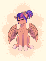 Size: 1536x2048 | Tagged: safe, artist:pastel-charms, oc, oc only, oc:bubble tea leaf, pegasus, pony, coat markings, female, mare, socks (coat markings), solo, tongue out
