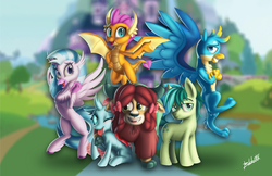 Size: 5100x3300 | Tagged: safe, artist:blakefox, gallus, ocellus, sandbar, silverstream, smolder, yona, changedling, changeling, classical hippogriff, dragon, earth pony, griffon, hippogriff, pony, yak, g4, blushing, bow, cloven hooves, colored hooves, cute, diaocelles, diastreamies, dragoness, female, flying, gallabetes, hair bow, hasbro, jewelry, looking at you, male, monkey swings, necklace, one eye closed, open mouth, sandabetes, smiling, smolderbetes, student six, teenager, tongue out, yonadorable