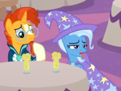 Size: 494x372 | Tagged: safe, screencap, sunburst, trixie, pony, unicorn, g4, the last problem, cape, clothes, cropped, disgusted, female, hat, male, mare, stallion, stool, table, tongue out, trixie's cape, trixie's hat, yuck