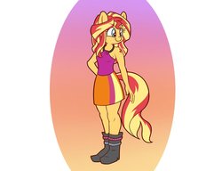 Size: 1200x923 | Tagged: safe, alternate version, artist:heir-of-rick, sunset shimmer, anthro, plantigrade anthro, g4, abstract background, alternative cutie mark placement, cute, female, shimmerbetes, shoulder cutie mark, solo