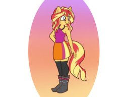 Size: 1200x923 | Tagged: safe, alternate version, artist:heir-of-rick, sunset shimmer, anthro, plantigrade anthro, equestria girls, g4, my little pony equestria girls: rainbow rocks, abstract background, alternative cutie mark placement, boots, clothes, cute, female, miniskirt, shimmerbetes, shoes, skirt, socks, solo, thigh highs, zettai ryouiki