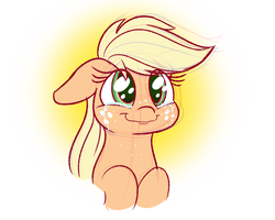 Size: 1280x1024 | Tagged: safe, artist:heir-of-rick, applejack, earth pony, pony, g4, abstract background, bust, crying, cute, end of ponies, female, floppy ears, freckles, jackabetes, mare, portrait, simple background, smiling, solo, tears of joy, white background