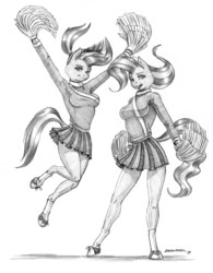 Size: 1000x1281 | Tagged: safe, artist:baron engel, lighthoof, shimmy shake, earth pony, anthro, unguligrade anthro, 2 4 6 greaaat, g4, beautiful, breasts, busty lighthoof, busty shimmy shake, cheerleader, clothes, duo, female, legs, looking at you, mare, miniskirt, monochrome, open mouth, pencil drawing, pleated skirt, pom pom, ponytail, shoes, skirt, socks, traditional art
