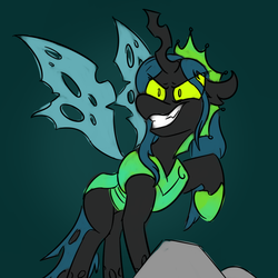 Size: 800x800 | Tagged: safe, artist:antimationyt, queen chrysalis, changeling, changeling queen, g4, the ending of the end, crown, evil smile, female, green background, grin, jewelry, regalia, simple background, smiling, solo, ultimate chrysalis