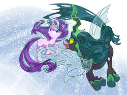 Size: 1600x1200 | Tagged: safe, artist:hananpacha, queen chrysalis, starlight glimmer, changeling, changeling queen, pony, unicorn, g4, the ending of the end, duo, fangs, female, fight, flying, glowing horn, horn, looking at each other, mare, open mouth, quadrupedal, scene interpretation, snow, starlight vs chrysalis, ultimate chrysalis
