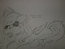 Size: 2016x1512 | Tagged: safe, artist:straighttothepointstudio, oc, oc only, bat pony, pony, bat pony oc, black and white, blank flank, blushing, cowering, cute, drawing, fangs, grayscale, looking at you, monochrome, open mouth, scared, solo, traditional art