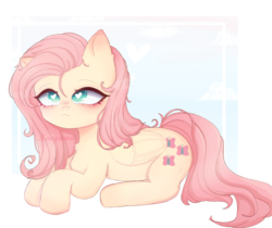 Size: 1280x1077 | Tagged: safe, artist:naoyumee, fluttershy, pegasus, pony, g4, :3, abstract background, blushing, chest fluff, cloud, cute, ear fluff, female, heart, heart eyes, mare, prone, shyabetes, solo, wingding eyes