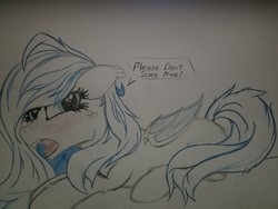 Size: 2016x1512 | Tagged: safe, artist:straighttothepointstudio, oc, oc only, bat pony, pony, bat pony oc, blank flank, blushing, colored, cowering, cute, drawing, fangs, looking at you, open mouth, scared, solo, traditional art
