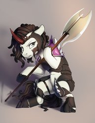 Size: 1785x2310 | Tagged: safe, artist:silfoe, oc, oc only, pony, unicorn, armor, axe, commission, crouching, curved horn, dreadlocks, horn, solo, weapon