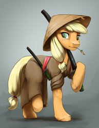 Size: 1785x2310 | Tagged: safe, artist:silfoe, applejack, earth pony, pony, g4, asian conical hat, commission, female, hat, katana, mare, samurai applejack, solo, straw in mouth, sword, weapon